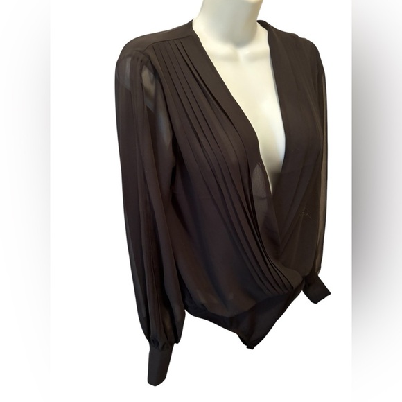 Express Plunging Chiffon Draped Black Bodysuit S Sheer Ballon Sleeve Sexy - Picture 2 of 6